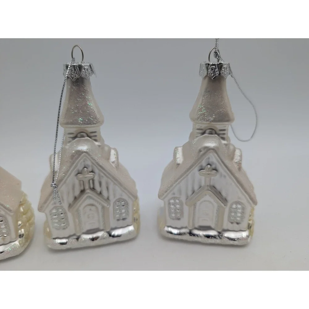 Glass Church Chapel Christmas Ornaments Silver White Lot of 3 4 Inch‎